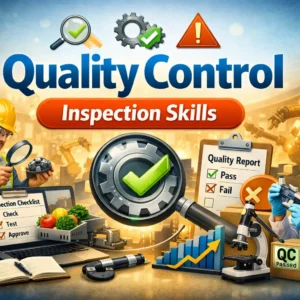 Educational banner for Quality Control Inspection Skills course with inspection and factory visuals