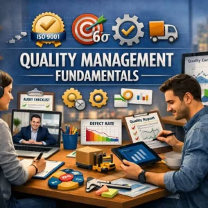 Quality Management Fundamentals course banner showing professionals reviewing quality reports and control charts
