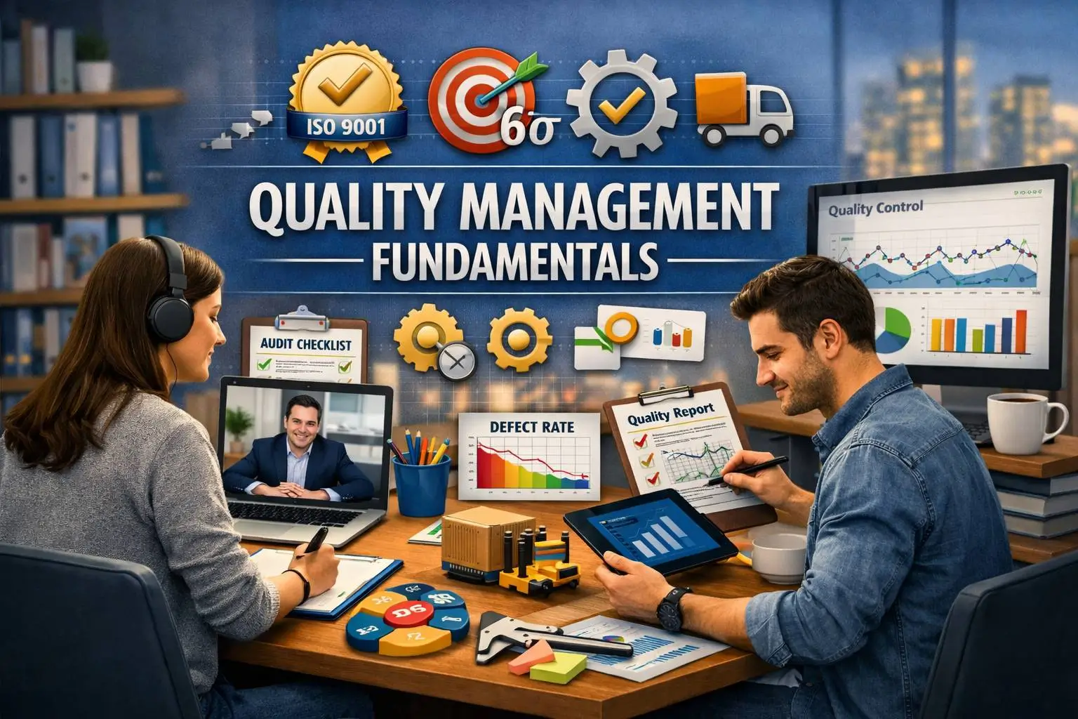 Quality Management Fundamentals course banner showing professionals reviewing quality reports and control charts