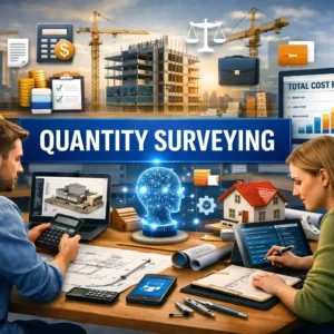 Modern educational banner for Quantity Surveying with construction and cost estimation visuals