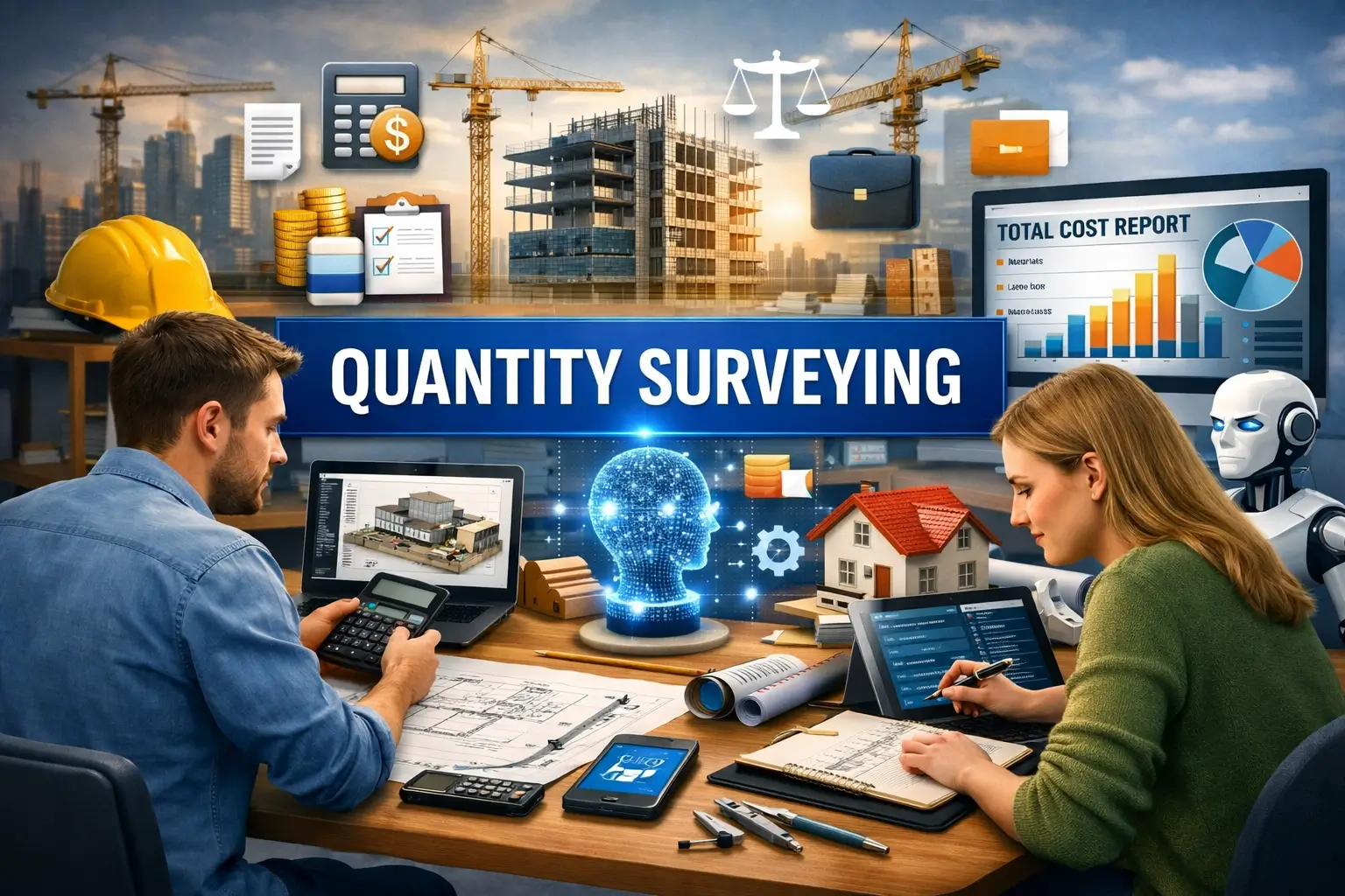 Modern educational banner for Quantity Surveying with construction and cost estimation visuals