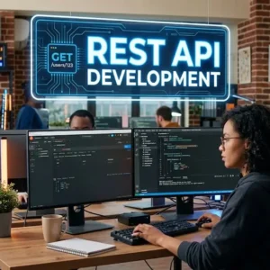 Educational banner for REST API Development course showing API endpoints and connectivity visuals