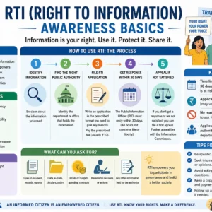 Educational banner for RTI Awareness Basics course showing government documents and transparency icons