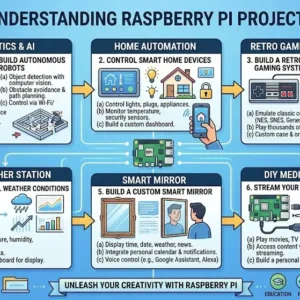 Professional Raspberry Pi Projects course image with coding and hardware visuals