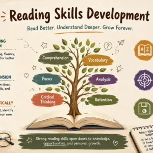 Professional course image for Reading Skills Development with literacy and comprehension visuals