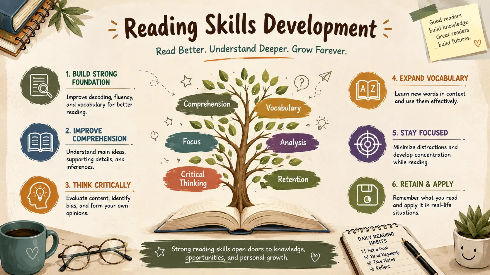 Professional course image for Reading Skills Development with literacy and comprehension visuals