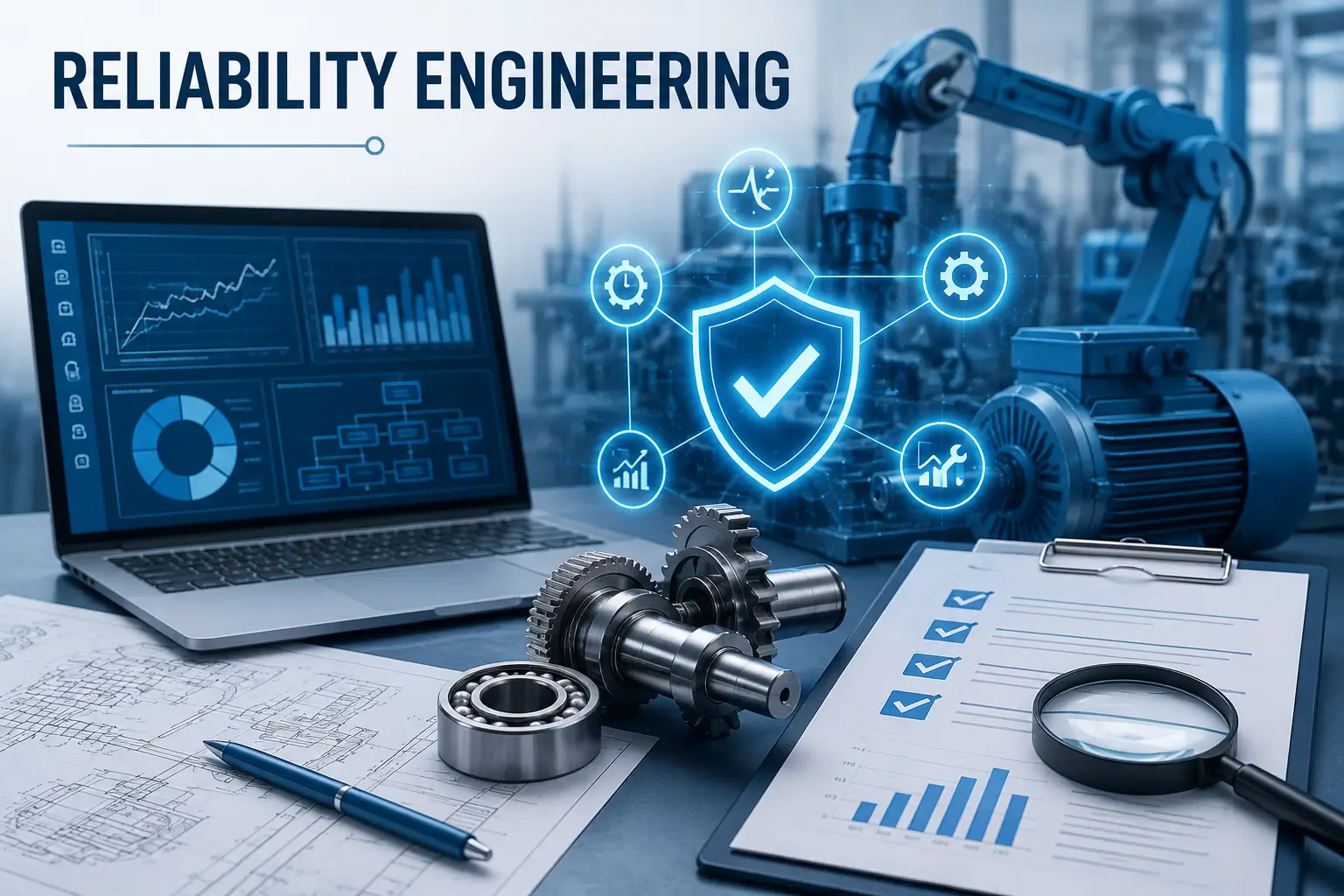 Educational banner for Reliability Engineering course with technical and maintenance visuals