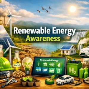 Educational course image for Renewable Energy Awareness with solar, wind, and hydro visuals