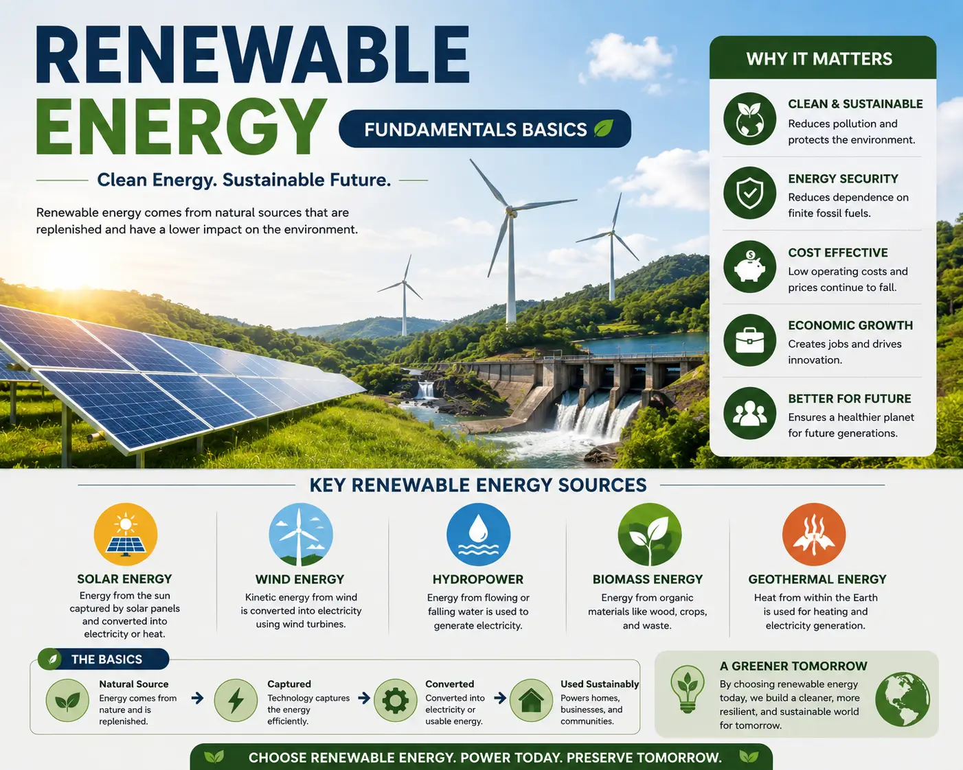 Modern educational banner for Renewable Energy Fundamentals Basics course