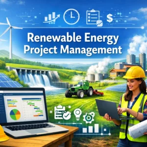 Professional Renewable Energy Project Management course image with solar panels and wind turbines