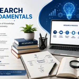 Professional Research Fundamentals course image with academic and analytical visuals
