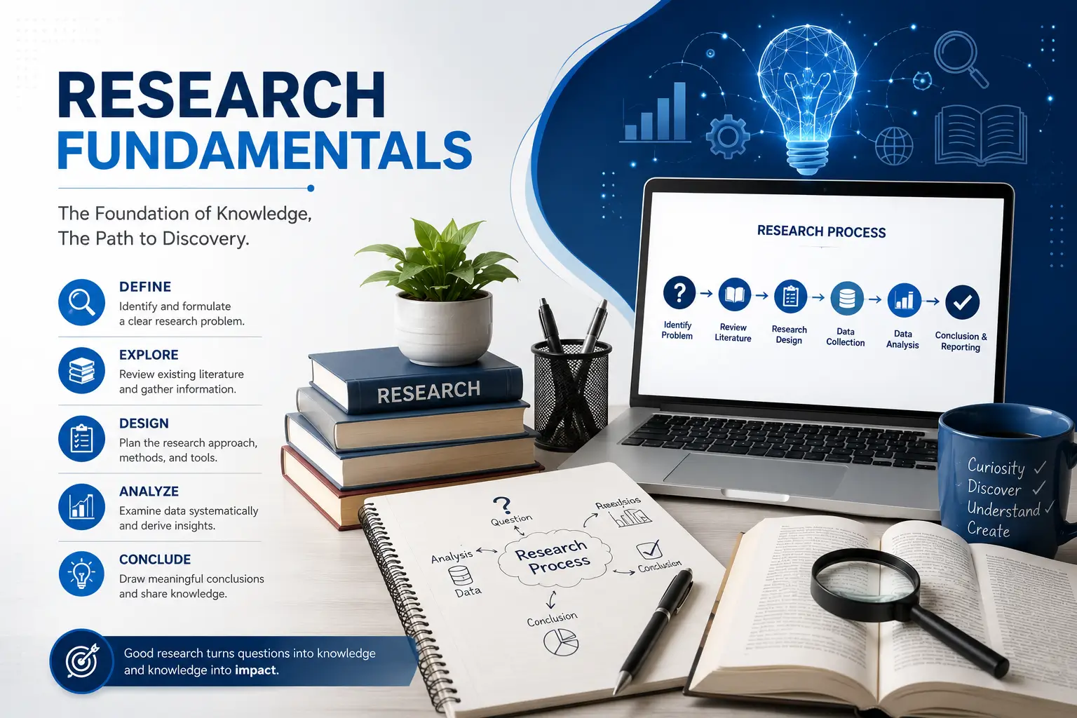 Professional Research Fundamentals course image with academic and analytical visuals