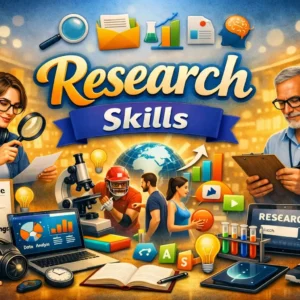 Educational banner for Research Skills course with research and analysis visuals