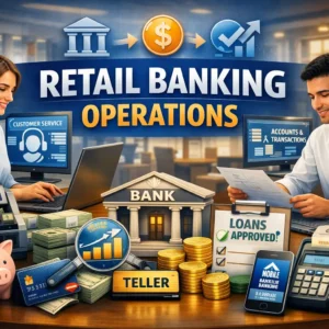 Educational banner for Retail Banking Operations course with banking and customer service visuals