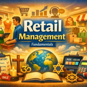 Educational banner for Retail Management course showing retail operations and customer service visuals