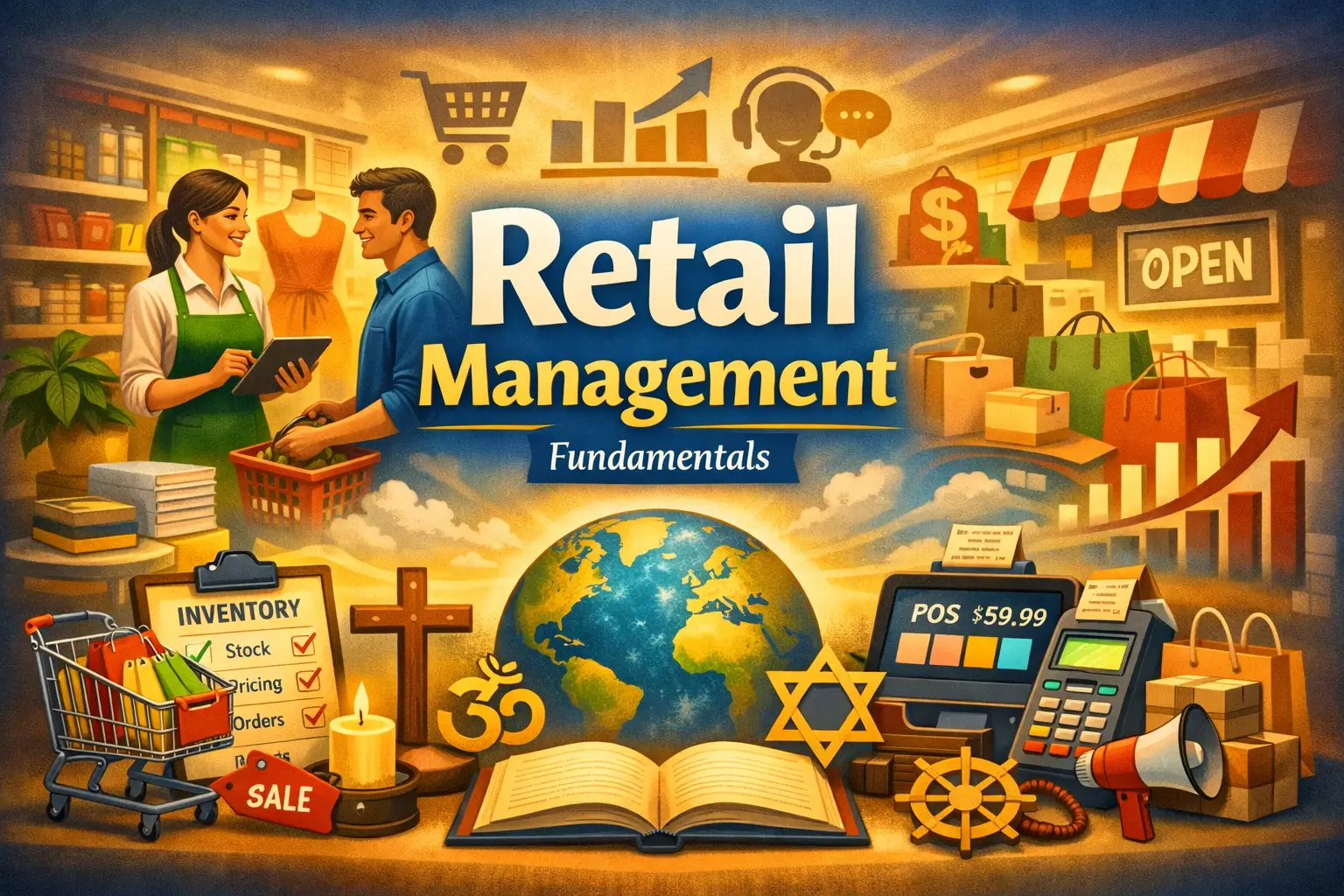 Educational banner for Retail Management course showing retail operations and customer service visuals