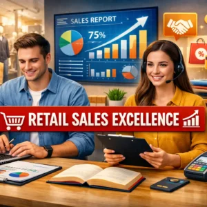 Professional educational banner for Retail Sales Excellence showing retail experts and sales analytics visuals