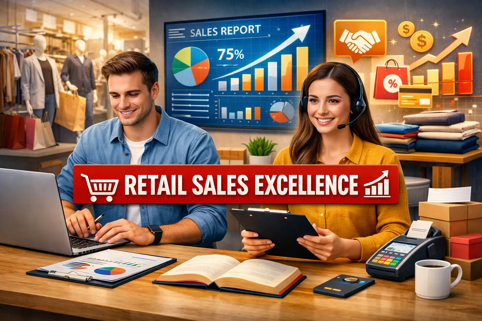 Professional educational banner for Retail Sales Excellence showing retail experts and sales analytics visuals