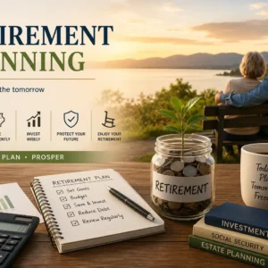 Educational banner showing Retirement Planning with savings, investment charts, and lifestyle visuals