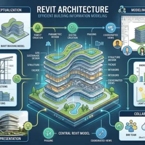 Educational banner for Revit Architecture course with 3D building and design software visuals