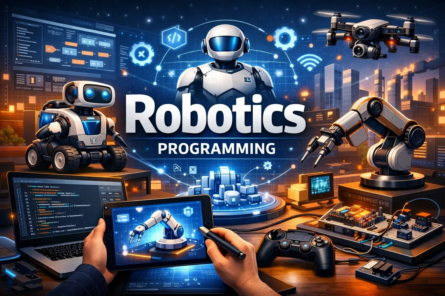 Professional Robotics Programming course image with humanoid robot and coding visuals
