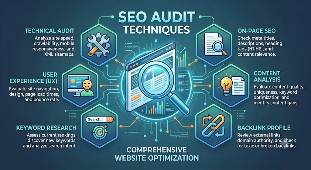 High-quality SEO Audit Techniques banner with digital marketing and analytics visuals