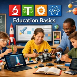 : STEM Education Basics course showing students learning science and robotics