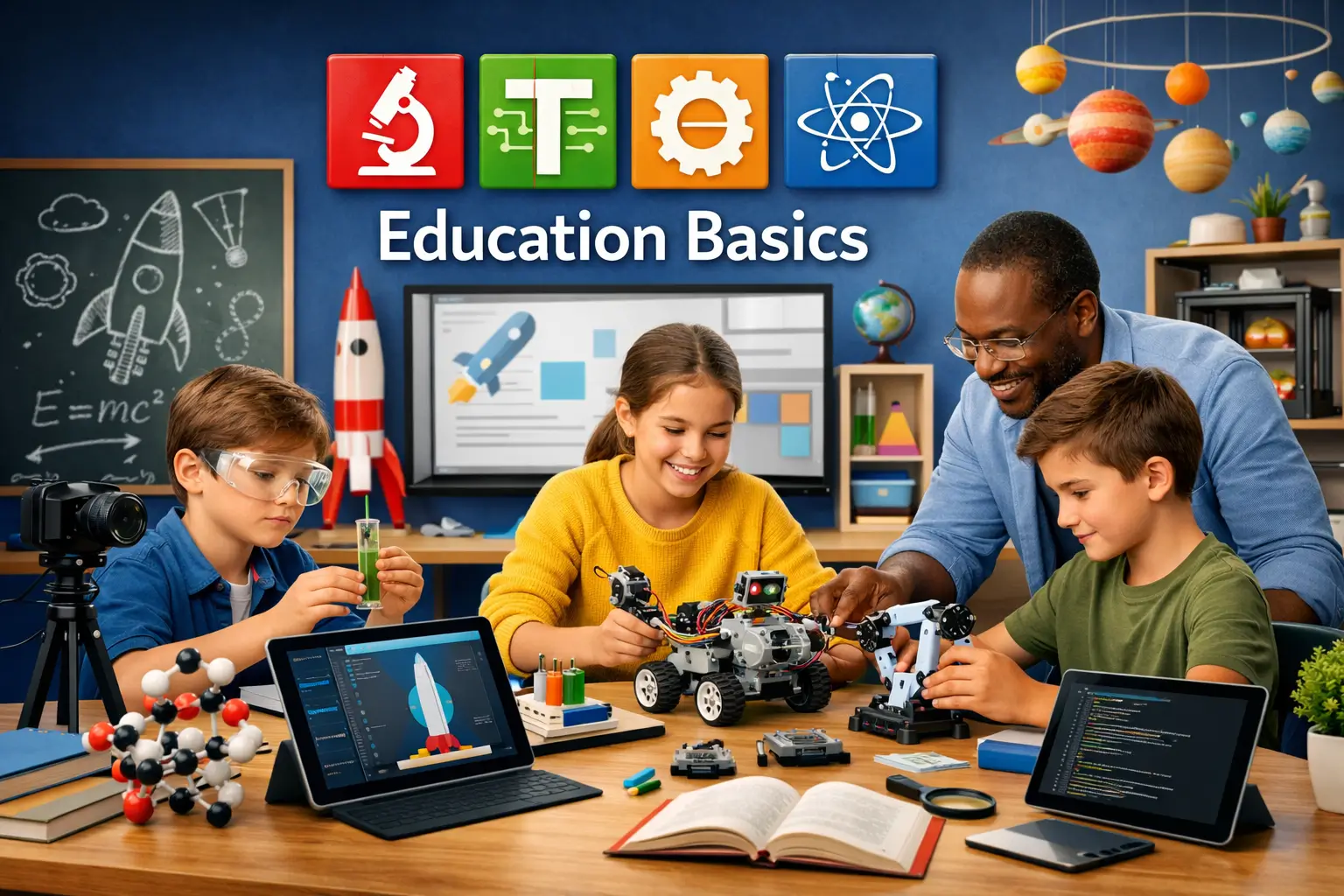 : STEM Education Basics course showing students learning science and robotics