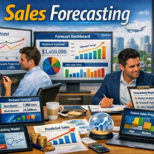 Educational banner showing Sales Forecasting with professionals analyzing charts and forecasting dashboards