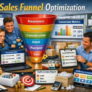 Educational banner showing Sales Funnel Optimization with marketing funnel, analytics dashboard, and conversion metrics