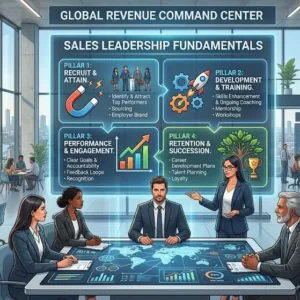 Sales Leadership Fundamentals course banner showing a leader guiding a sales team toward success.