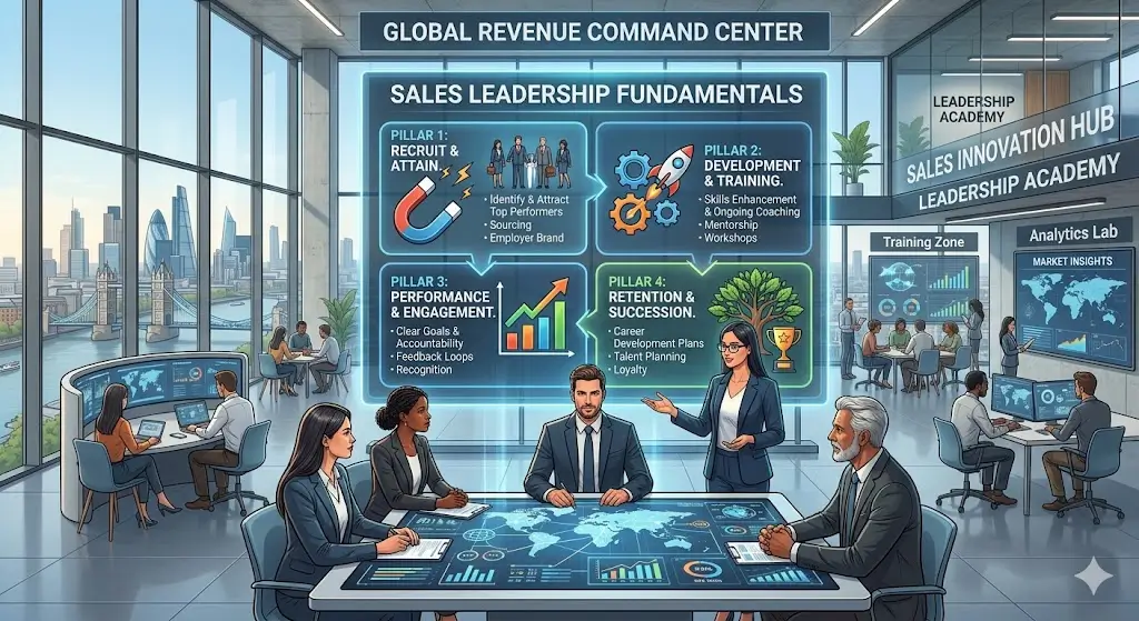 Sales Leadership Fundamentals course banner showing a leader guiding a sales team toward success.