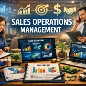 Educational banner for Sales Operations Management course with CRM and analytics visuals