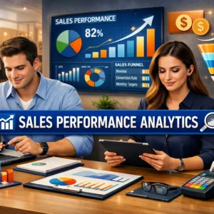 Professional educational banner for Sales Performance Analytics showing experts analyzing sales dashboards