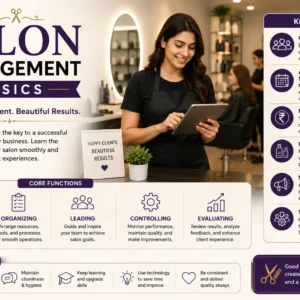Educational banner for Salon Management Basics course with salon and beauty management visuals