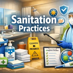 Professional sanitation practices course design with hygiene and cleaning visuals