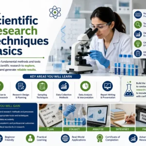 Educational course image for Scientific Research Techniques Basics with research and science visuals