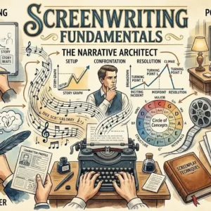 Professional Screenwriting Fundamentals course image with scripts and film visuals