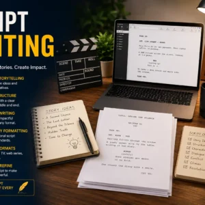Script Writing course image with typewriter, notebook, and screenplay visuals