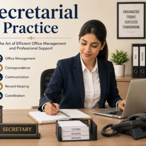 Educational banner for Secretarial Practice course showing office administration and communication visuals