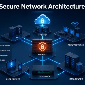 High-quality educational image for Secure Network Architecture course showing network design and cybersecurity concepts