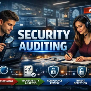 Modern educational banner for Security Auditing with cybersecurity visuals
