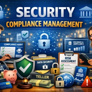 Educational banner for Security Compliance Management course with compliance and audit visuals
