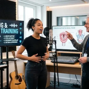 Professional Singing & Vocal Training course image with microphone and music visuals