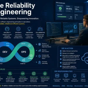 Educational banner for Site Reliability Engineering course showing cloud infrastructure and monitoring visuals