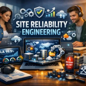 High-quality educational banner for Site Reliability Engineering with reliability and automation visuals