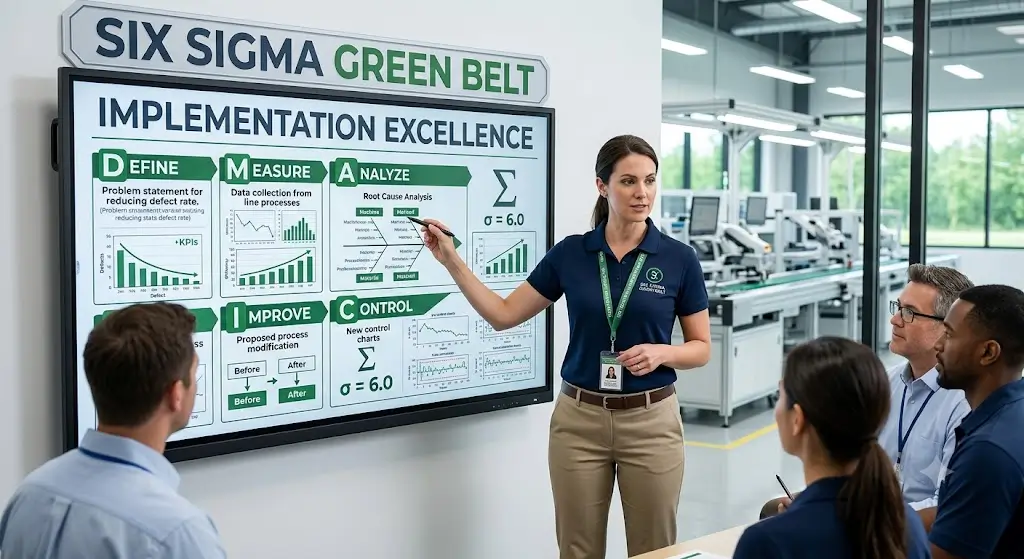Professional banner for Six Sigma Green Belt course with process improvement visuals