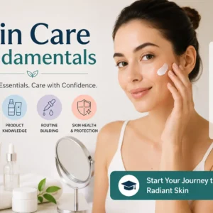 Professional Skin Care Fundamentals course image with skincare tools and visuals