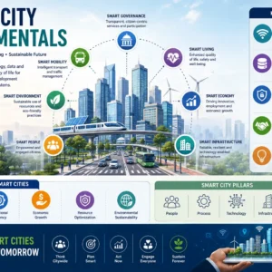 Professional smart city fundamentals course design with urban innovation visuals