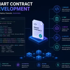 Modern educational banner for Smart Contract Development with blockchain and coding visuals